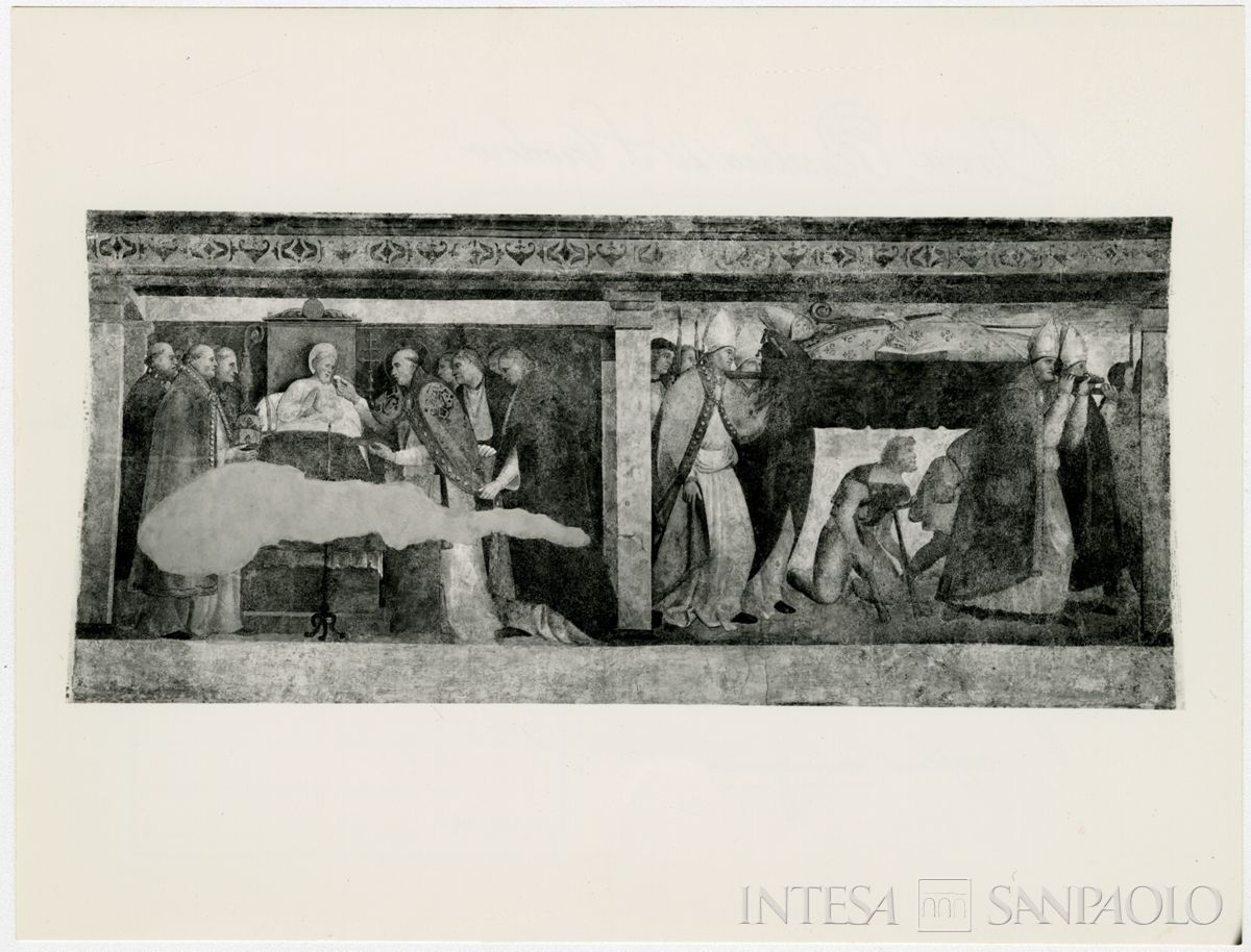 Pavia, Basilica di San Teodoro: affresco raffigurante Papa Leone IV che dà l'eucarestia a San Teodoro morente e le esequie di San Teodoro, 1962-1964 (Azienda Fotografica G. Chiolini)