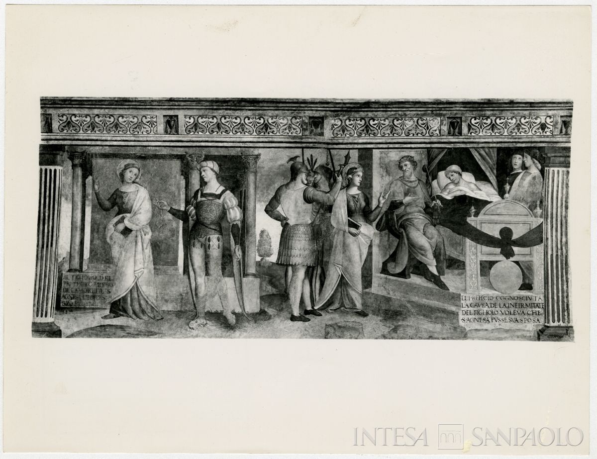 Pavia, Basilica di San Teodoro: affresco raffigurante il figlio del prefetto di Roma che offre una collana a Sant'Agnese che rifiuta e il figlio del prefetto a letto malato per il rifiuto, 1962-1964 (Azienda Fotografica G. Chiolini)