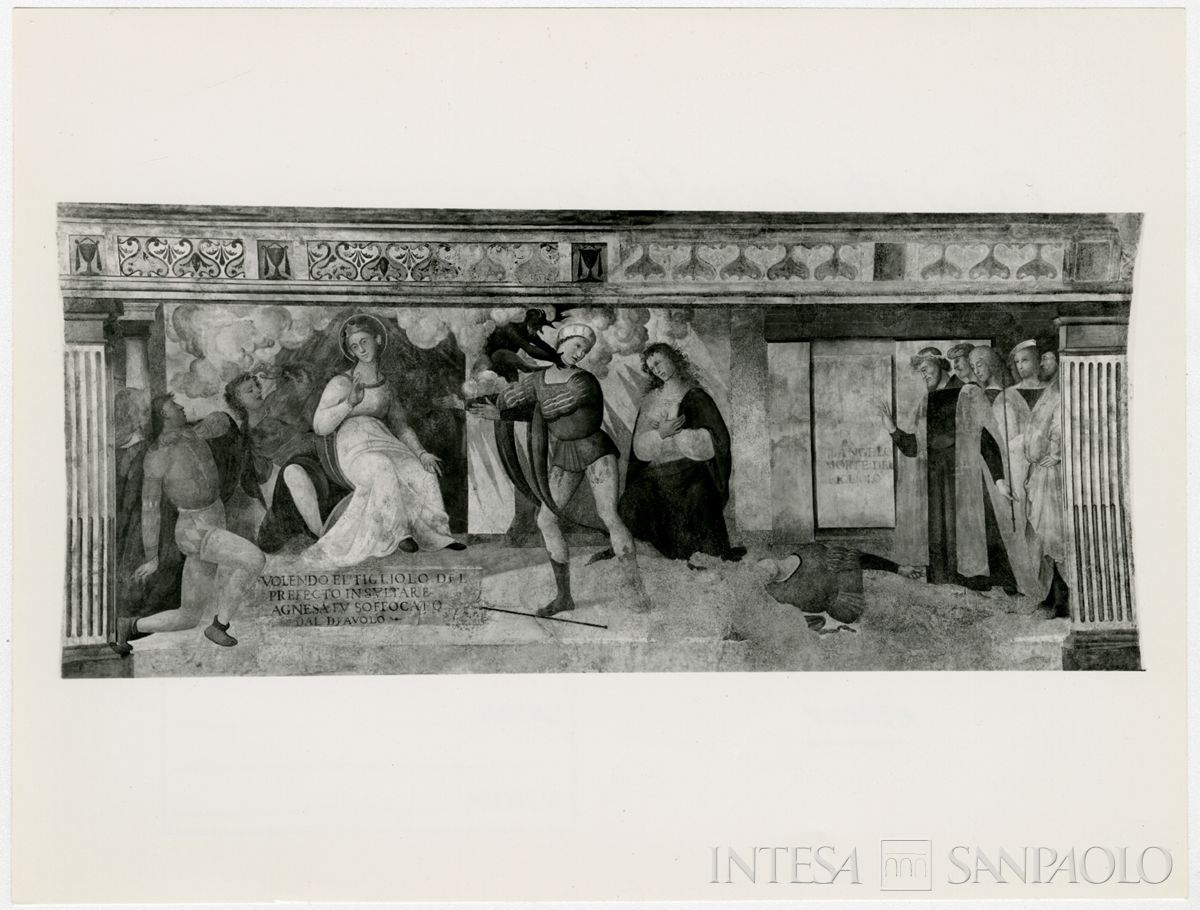Pavia, Basilica di San Teodoro: affresco raffigurante il figlio del prefetto di Roma che offre una collana a Sant'Agnese che rifiuta e il figlio del prefetto a letto malato per il rifiuto, 1962-1964 (Azienda Fotografica G. Chiolini)