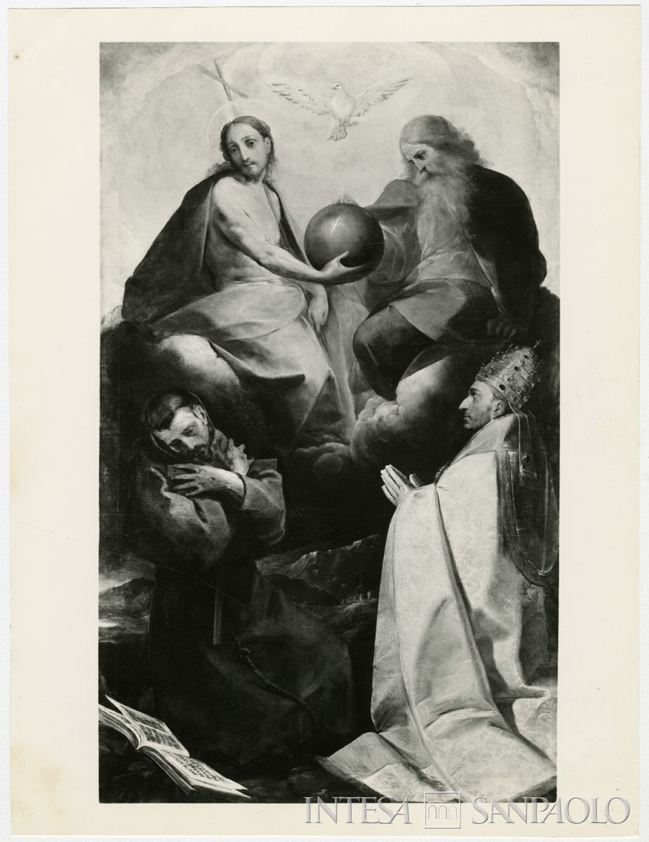 Pescarenico, Chiesa dei Santi Materno e Lucia: dipinto del Cerano La trinità adorata da San Francesco e San Gregorio dopo il restauro, luglio 1964 (Foto Giovetti)