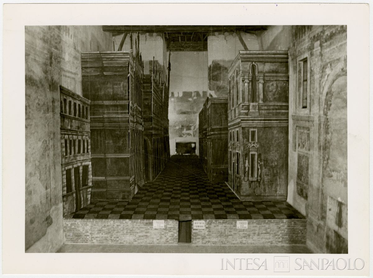 Sabbioneta, Teatro Olimpico: progetto della scena fissa ed affrescatura restaurata, agosto 1964 (Foto Maccagni)
