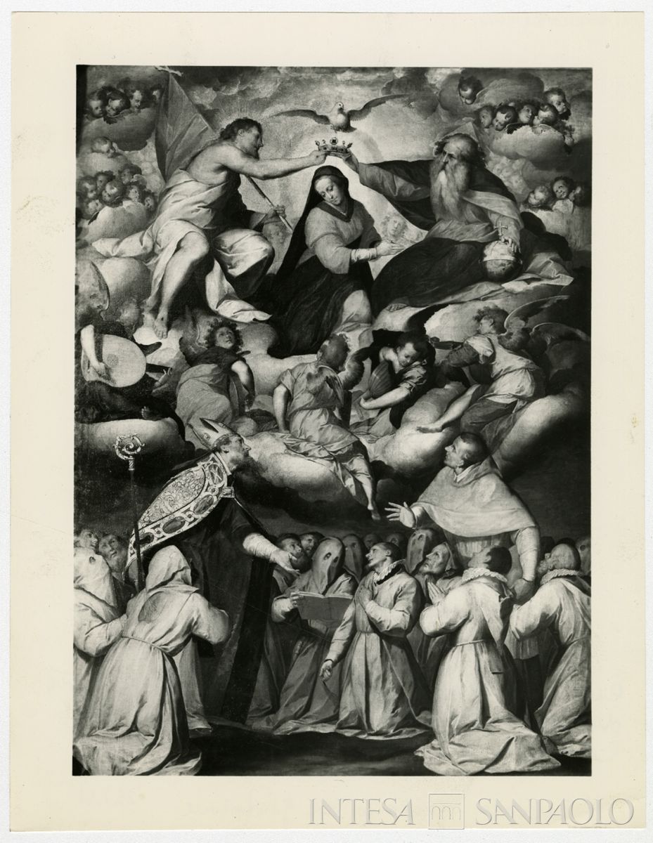 Trecate, Oratorio del Gonfalone: dipinto del Cerano Incoronazione della Vergine venerata dai confratelli del Gonfalone con i Santi Agostino e Bonaventura dopo il restauro, luglio 1964 (Foto Giovetti)