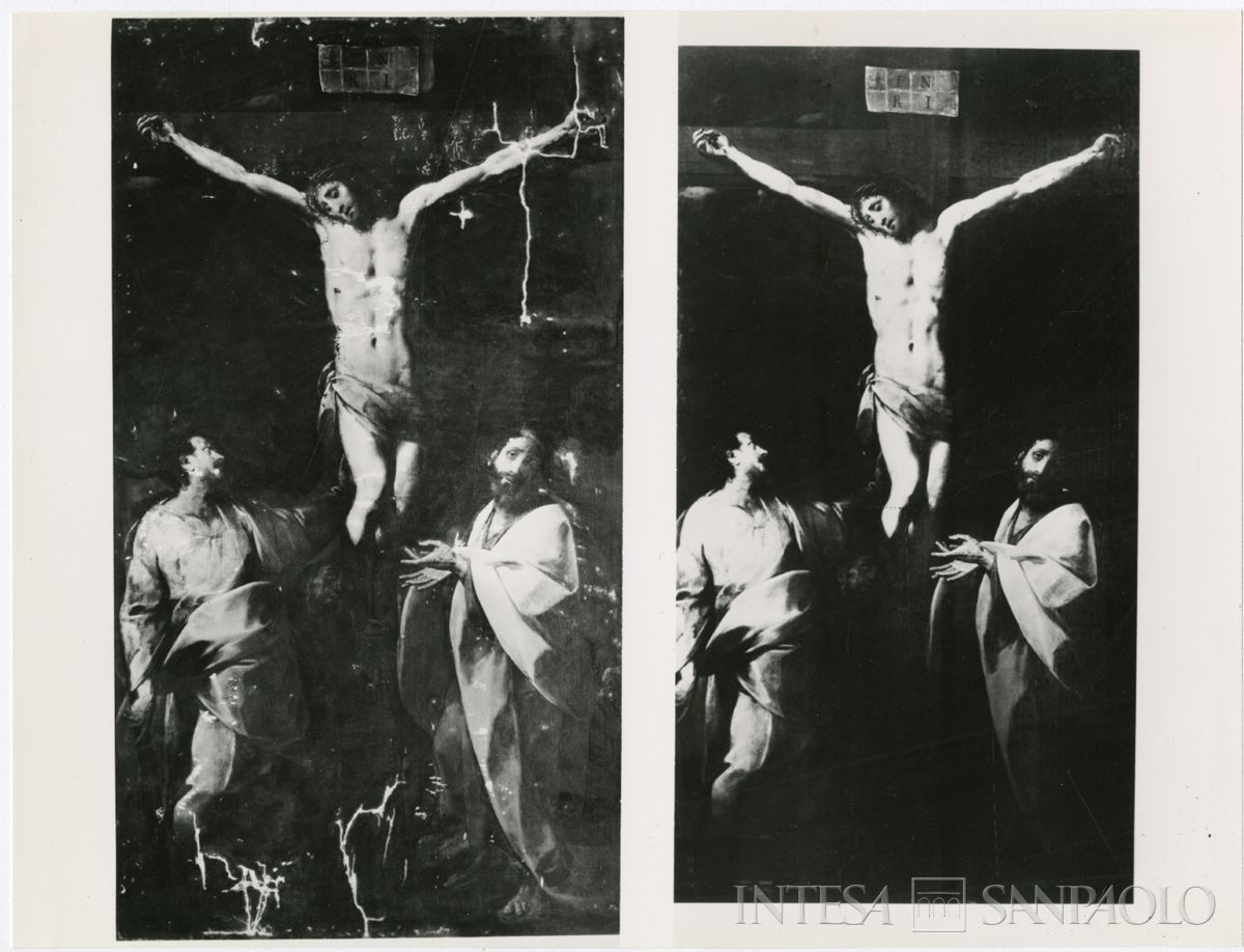 Venegono, Seminario Arcivescovile: sviluppo del negativo di una riproduzione del dipinto del Cerano Crocifisso con i Santi Giacomo, Filippo e Francesco prima e dopo il restauro, 1963-1964