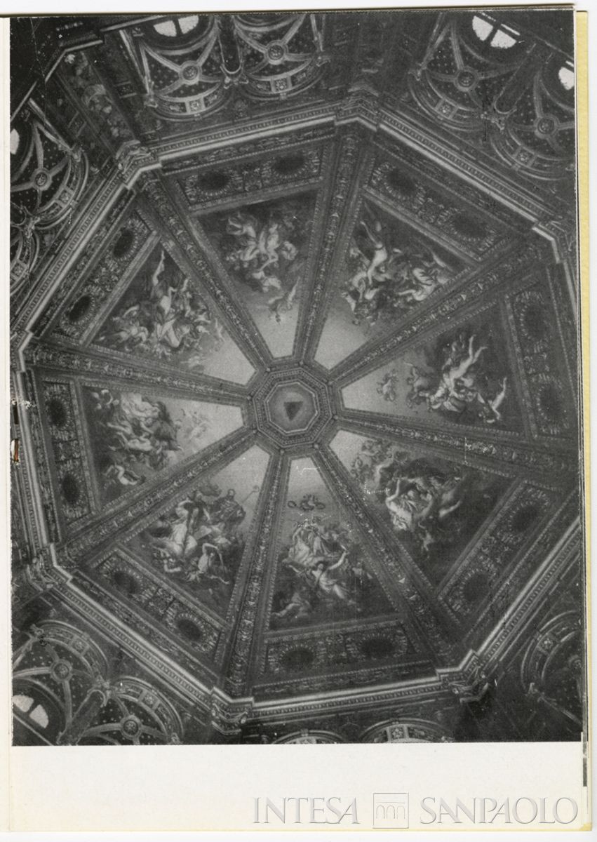 Lodi, Tempio Civico dell'Incoronata: riproduzione su opuscolo della volta ottagonale all'interno della cupola nel Tempio Civico dell'Incoronata che raffigura i trionfi dei santi lodigiani, 1960-1962