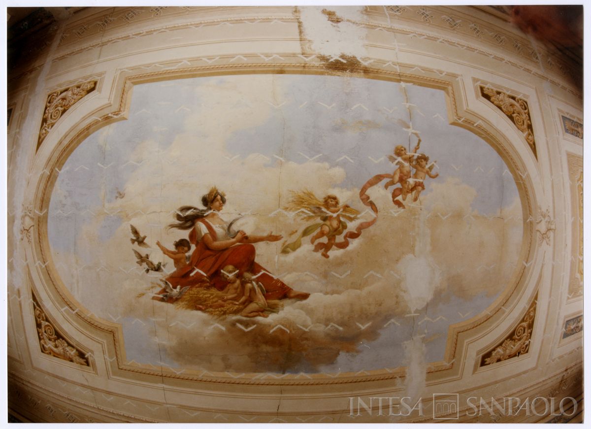 Cariplo, soffitto affrescato nella filiale di Pegognaga, 1982 (Mario La Porta)