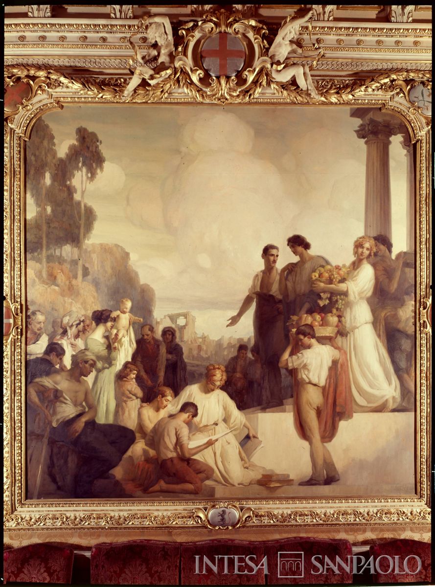 Cà de Sass, "La Beneficenza" di Ottavio Grolla, nel Salone della Commissione Centrale di Beneficenza, anni 1980 (fotografo sconosciuto)