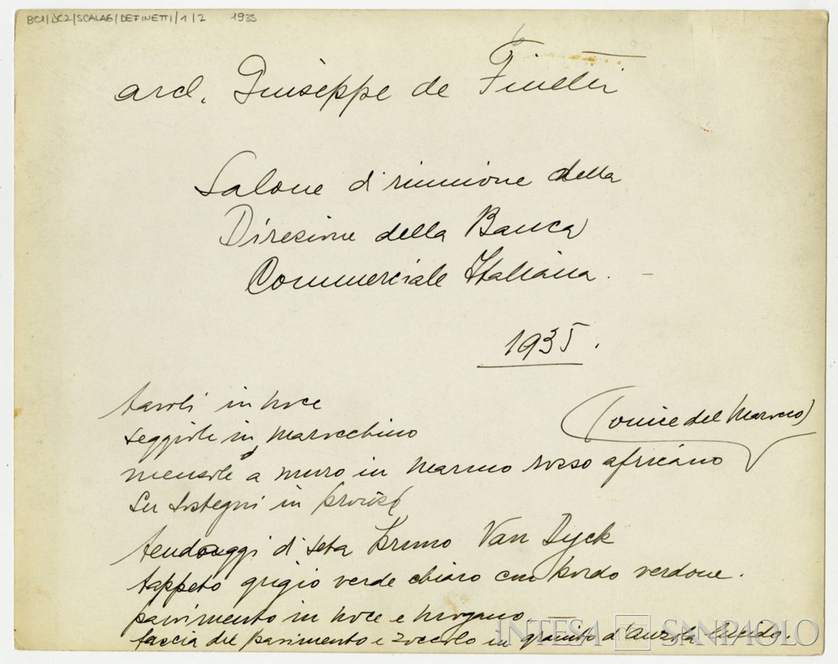 Piazza della Scala 6, Sala del Consiglio (arch. Giuseppe de Finetti), 1935 (verso)