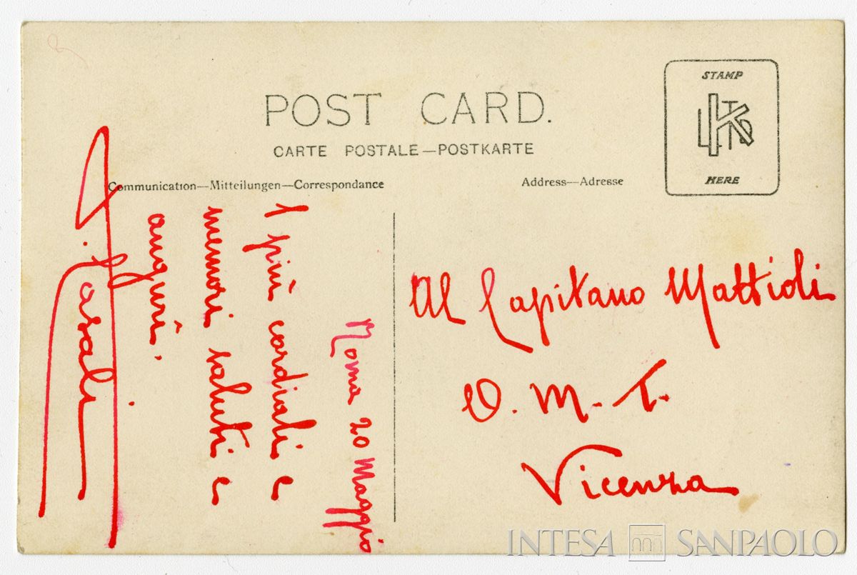 Cartolina di T. Casali all'amico Mattioli, 1915-1917 (fotografo sconosciuto) (verso)