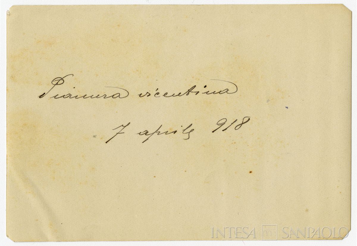 Celebrazione di una messa all'aperto, con soldati, 7 aprile 1918, Cà Tonini (fotografo sconosciuto) (verso)