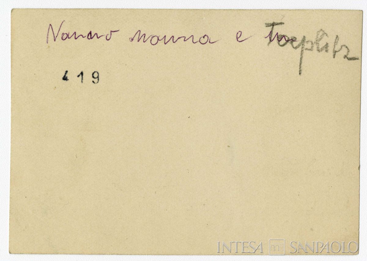 Mattioli con la seconda moglie Lucia Monti e Giuseppe Toeplitz in montagna con una guida, Colle del Teodulo, Valle d'Aosta, estate 1928 (fotografo sconosciuto) (verso)