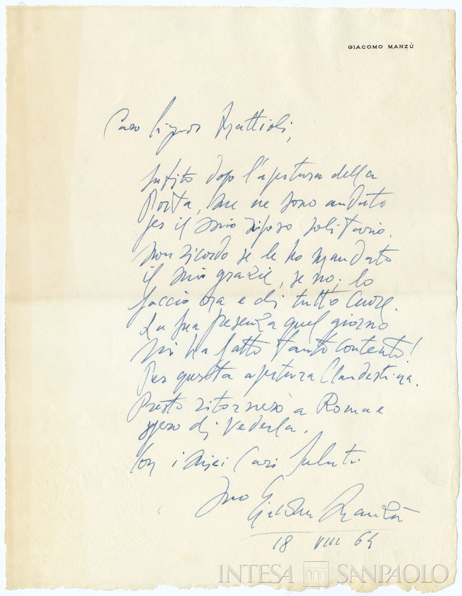 Lettera autografa di Giacomo Manzù a Mattioli, 18 agosto 1964