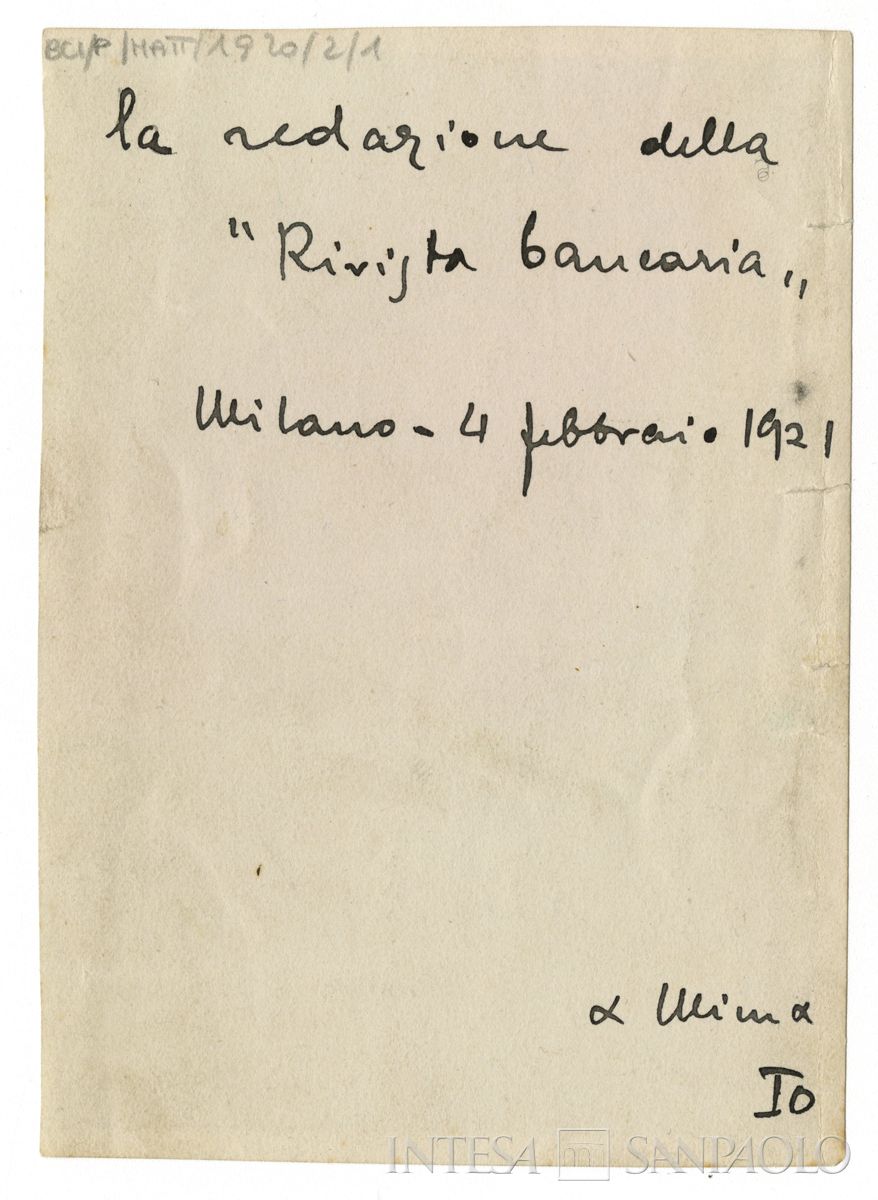 Raffaele Mattioli seduto alla scrivania della redazione della "Rivista Bancaria", 1920 (fotografo sconosciuto) (verso)