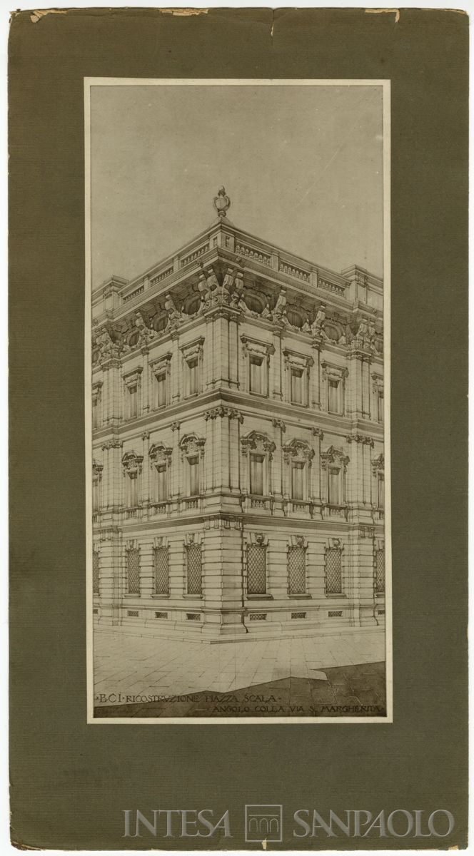 Primo progetto, prospettiva d'angolo tra piazza della Scala e via S. Margherita, 1921 (fotografo sconosciuto)