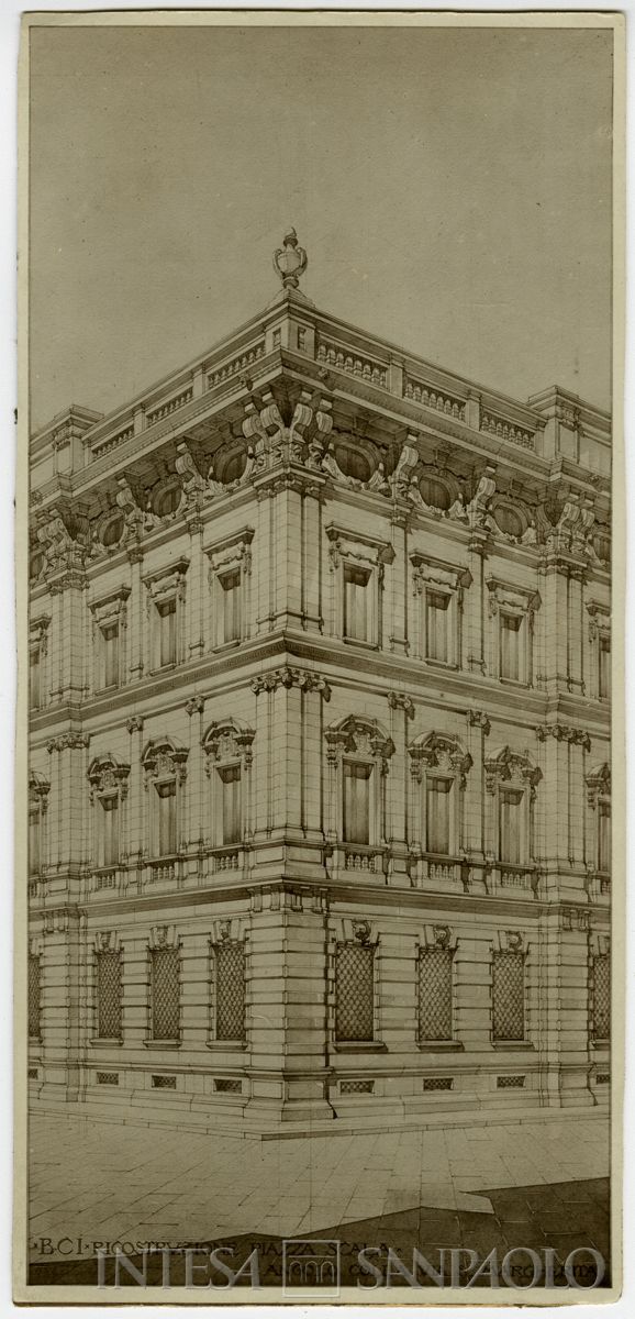 Primo progetto, prospettiva d'angolo tra piazza della Scala e via S. Margherita, 1921 (fotografo sconosciuto)