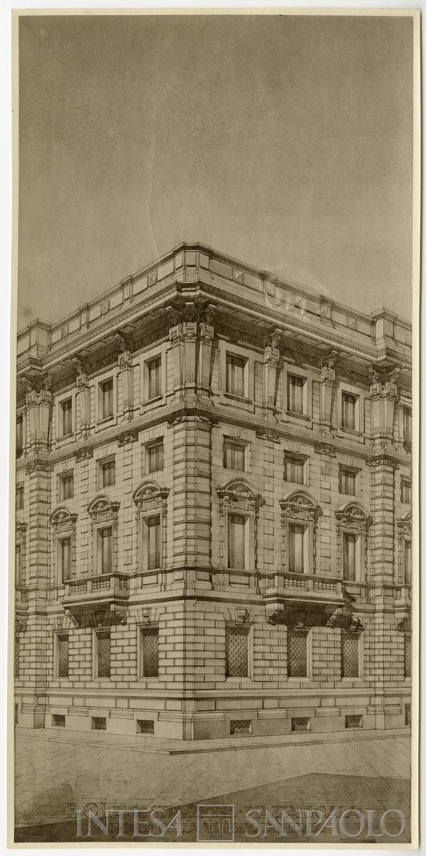 Secondo progetto, prospettiva d'angolo tra piazza della Scala e via S. Margherita, 1922 (fotografo sconosciuto)