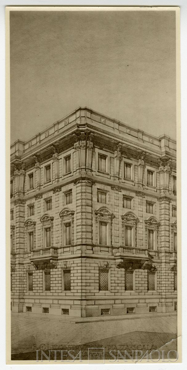 Secondo progetto, prospettiva d'angolo tra piazza della Scala e via S. Margherita, 1922 (fotografo sconosciuto)