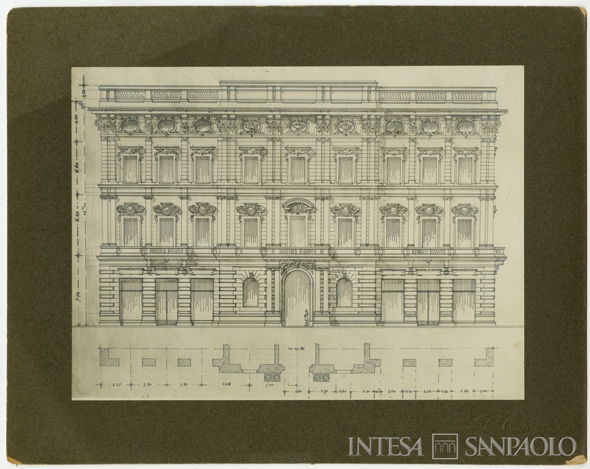 Primo progetto, disegno della fronte su piazza della Scala 3, 1921 (foto Luca Comerio)