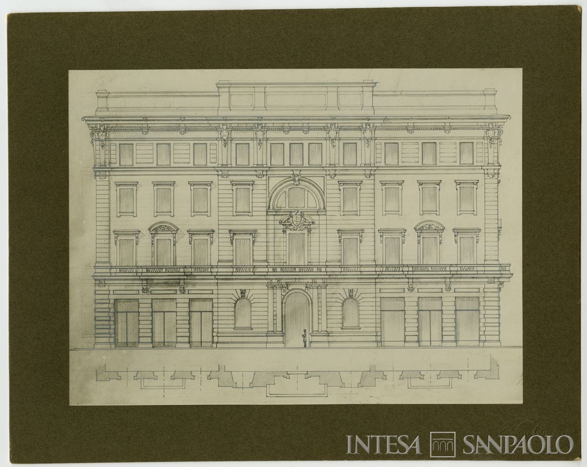 Secondo progetto, disegno della fronte su piazza della Scala 3, 1922 (foto Luca Comerio)
