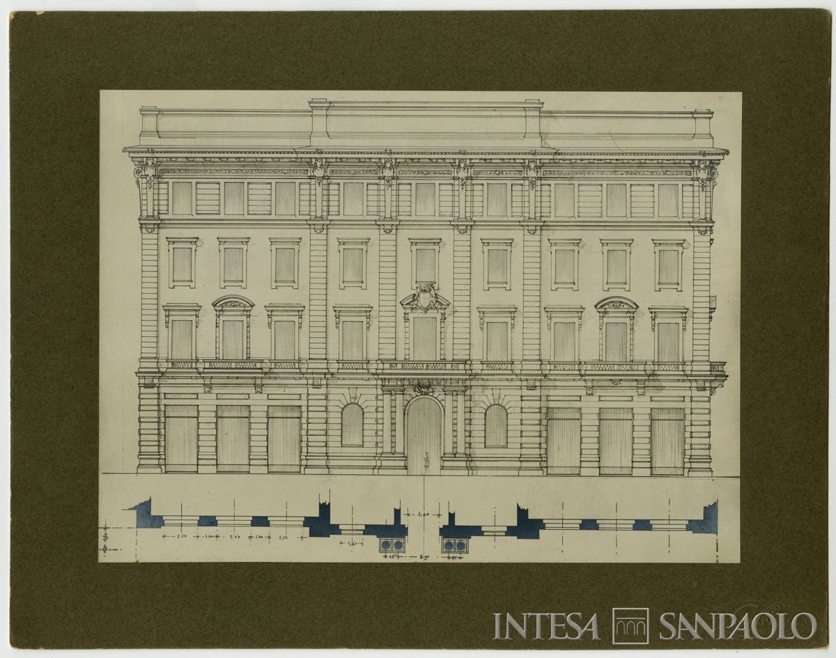 Secondo progetto, disegno della fronte su piazza della Scala 3, 1922 (foto Luca Comerio)