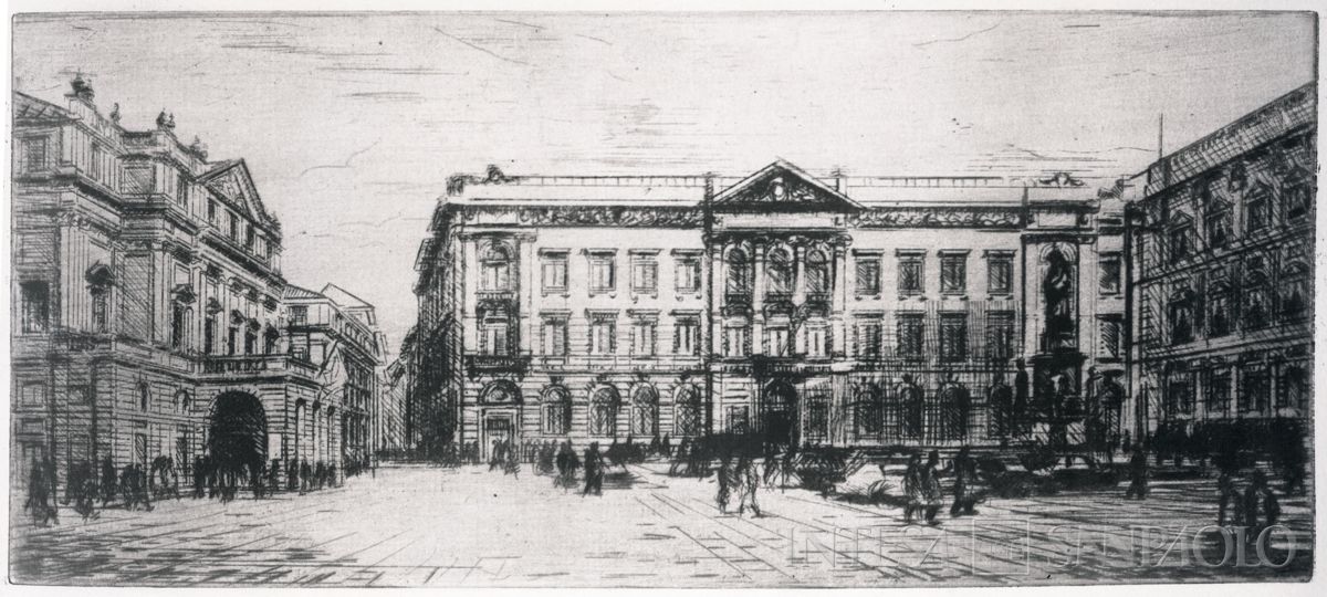 Piazza della Scala 6, veduta prospettica da piazza della Scala/via S. Margherita, 1906-1911 (fotografo sconosciuto)