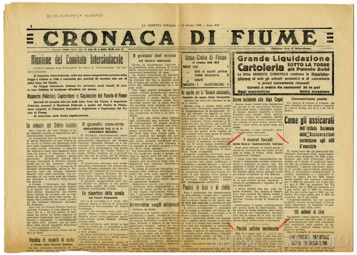 Prima pagina de "La vedetta d'Italia" con la notizia della fine dei lavori di ristrutturazione della succursale, 18 ottobre 1936