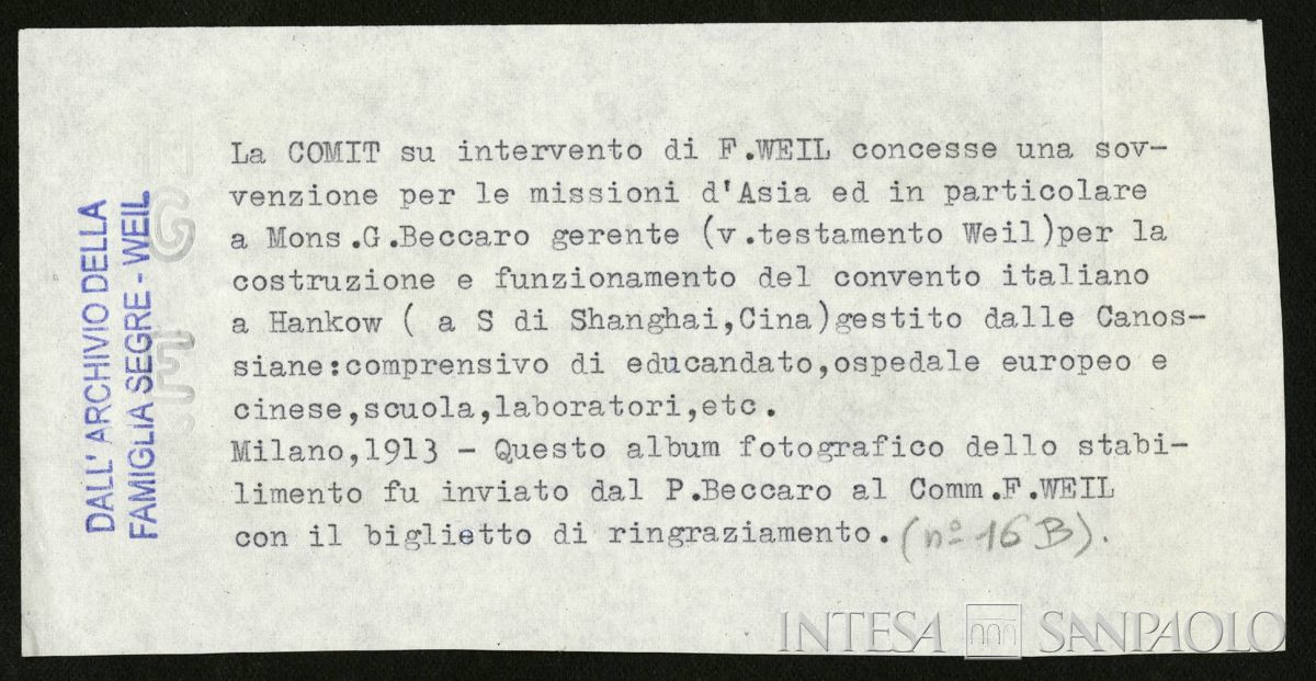Istituto Canossiano italiano a Han-Kow (Cina), etichetta su c.1, 1900