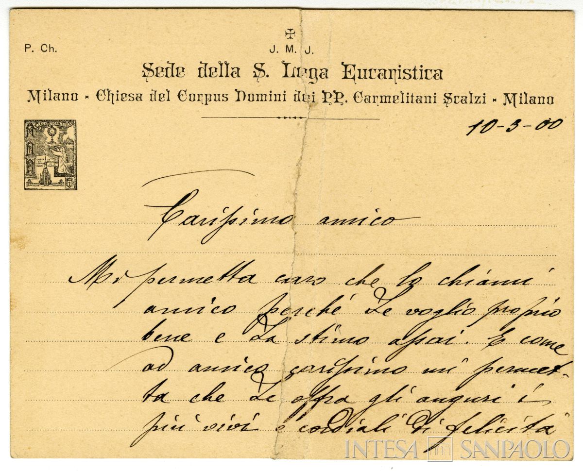 Allegato 1 accompagnatoria dell'album: biglietto manoscritto dal Mons. G. Beccaro, datato 10 marzo 1900, a Federico Weil (recto)