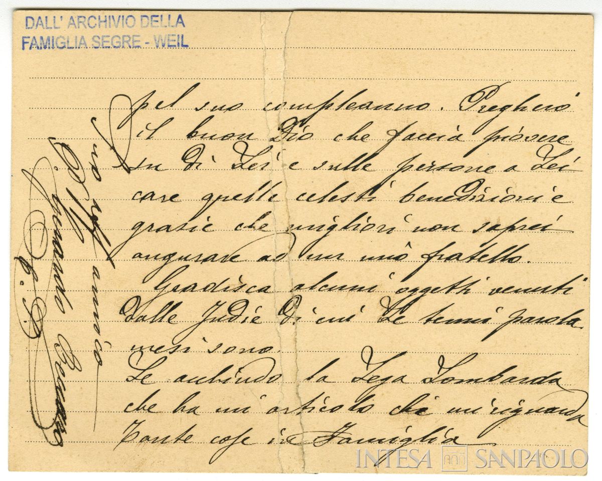 Allegato 1 accompagnatoria dell'album: biglietto manoscritto dal Mons. G. Beccaro, datato 10 marzo 1900, a Federico Weil (verso)