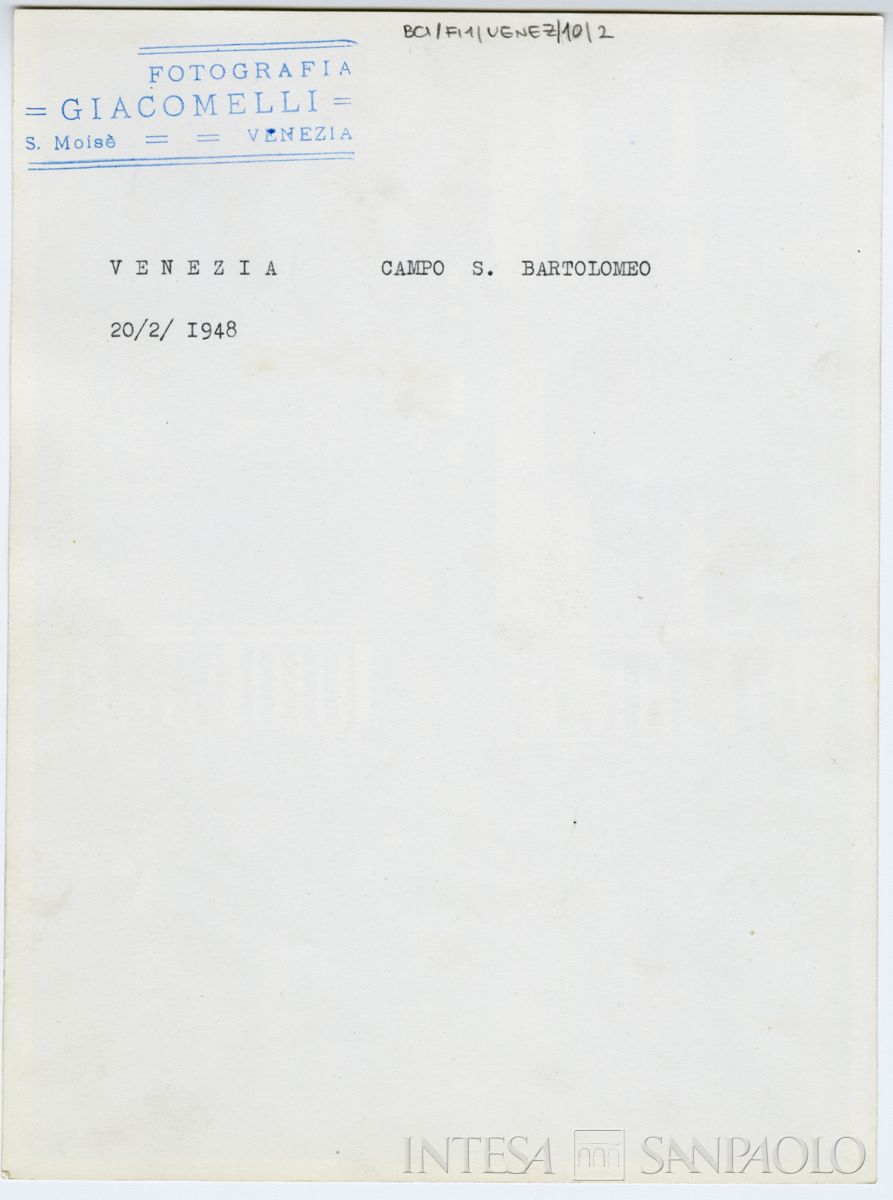 BCI, Venezia: agenzia di città n. 2, Campo San Bartolomeo 5280, 20 febbraio 1948 (foto Giacomelli), verso