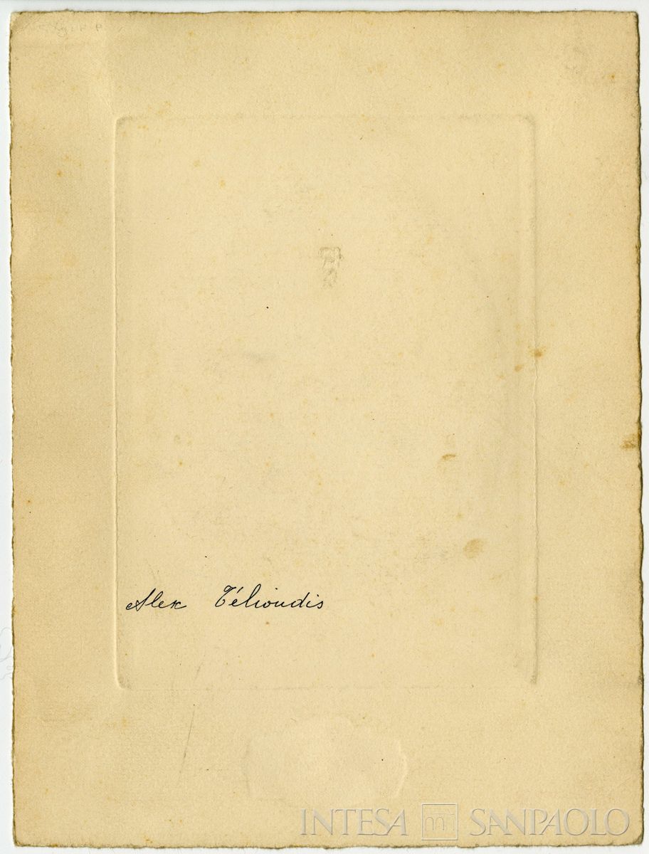 Alexandre Télioudis, segretario di Nogara, ritratto in posa in studio fotografico, 1910 - 1940 (P. Lambert), verso