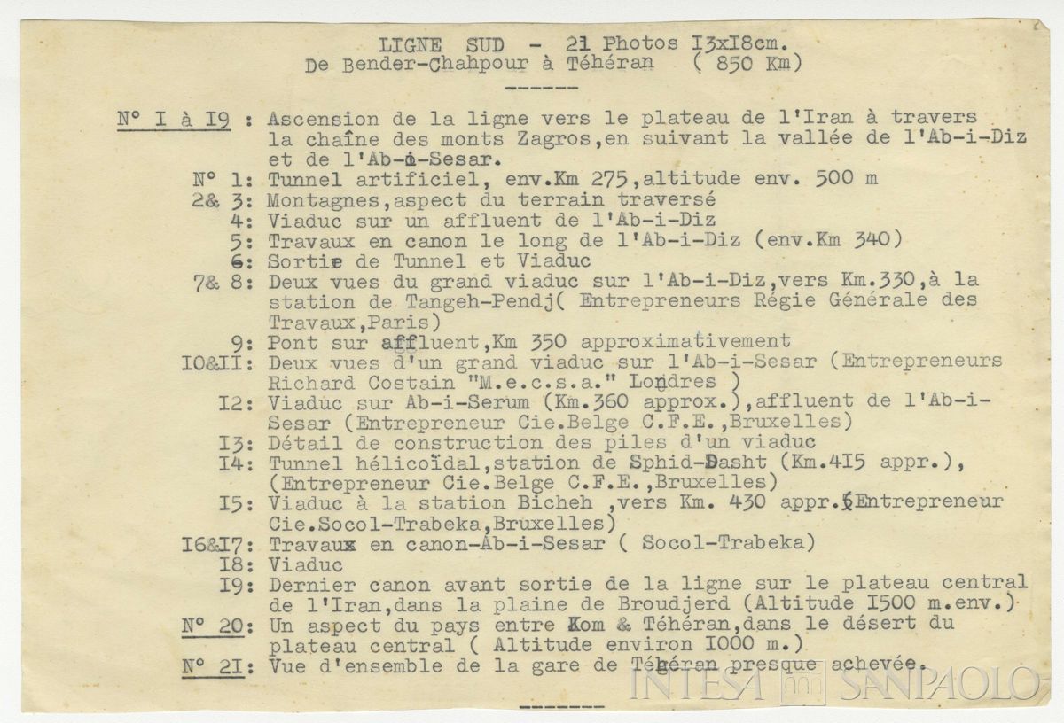 Allegato n. 1, elenco delle foto presenti nell'album relativo alla linea sud, Bender Chahpuor-Téhéran, metà anni 1920
