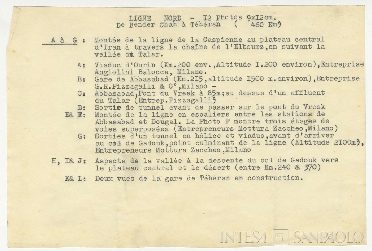 Allegato n. 2, elenco delle foto presenti nell'album relativo alla linea nord,  Bender Chah-Téhéran, metà anni 1920