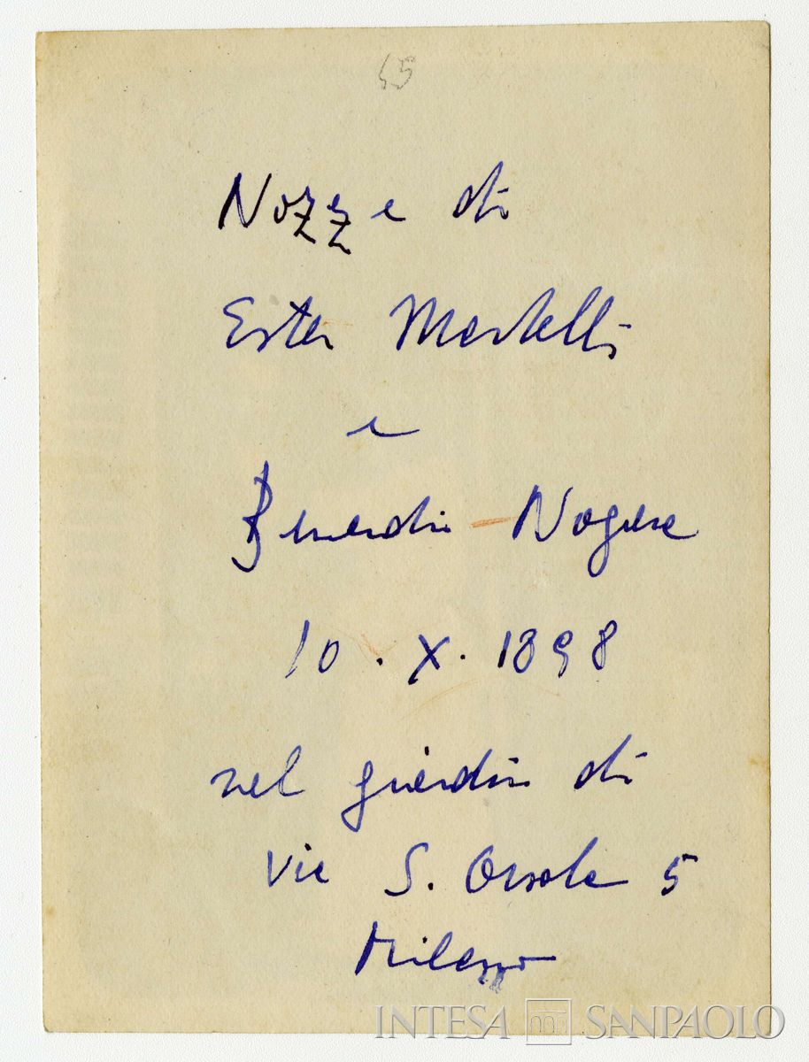 Bernardino e Ester Nogara nel giorno del loro matrimonio, 10 ottobre 1898 (fotografo sconosciuto), verso