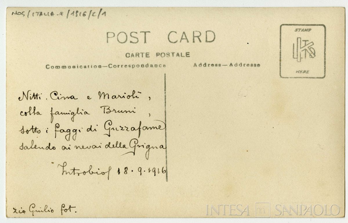 Nogara Josy, zia Lina, le cugine Marioly, Nitty, Cina e la famiglia Bruni nei pressi di Introbio, 18 settembre 1916 (Giulio Martelli), verso