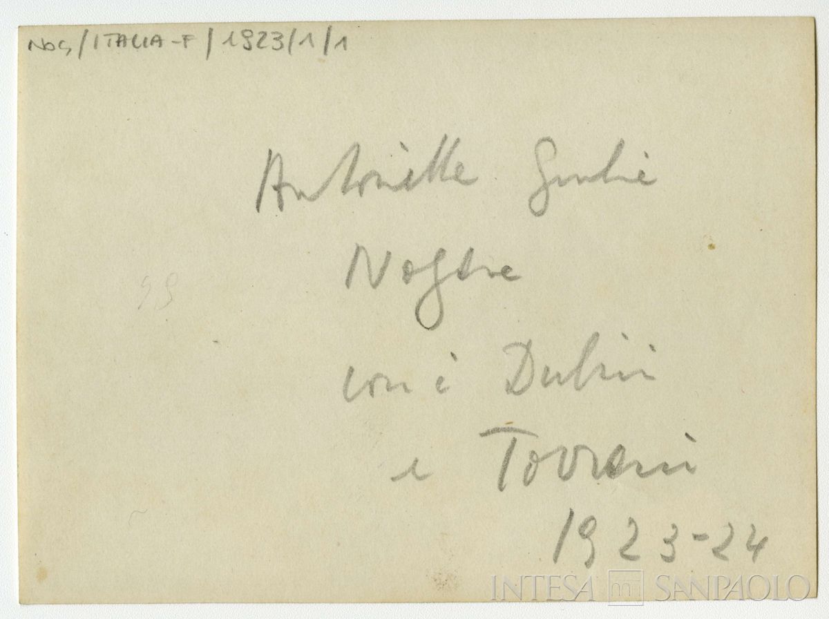 Nogara Antonietta e Giulia con i Dubini e i Torrani in montagna, 1923 - 1924 (fotografo sconosciuto), verso