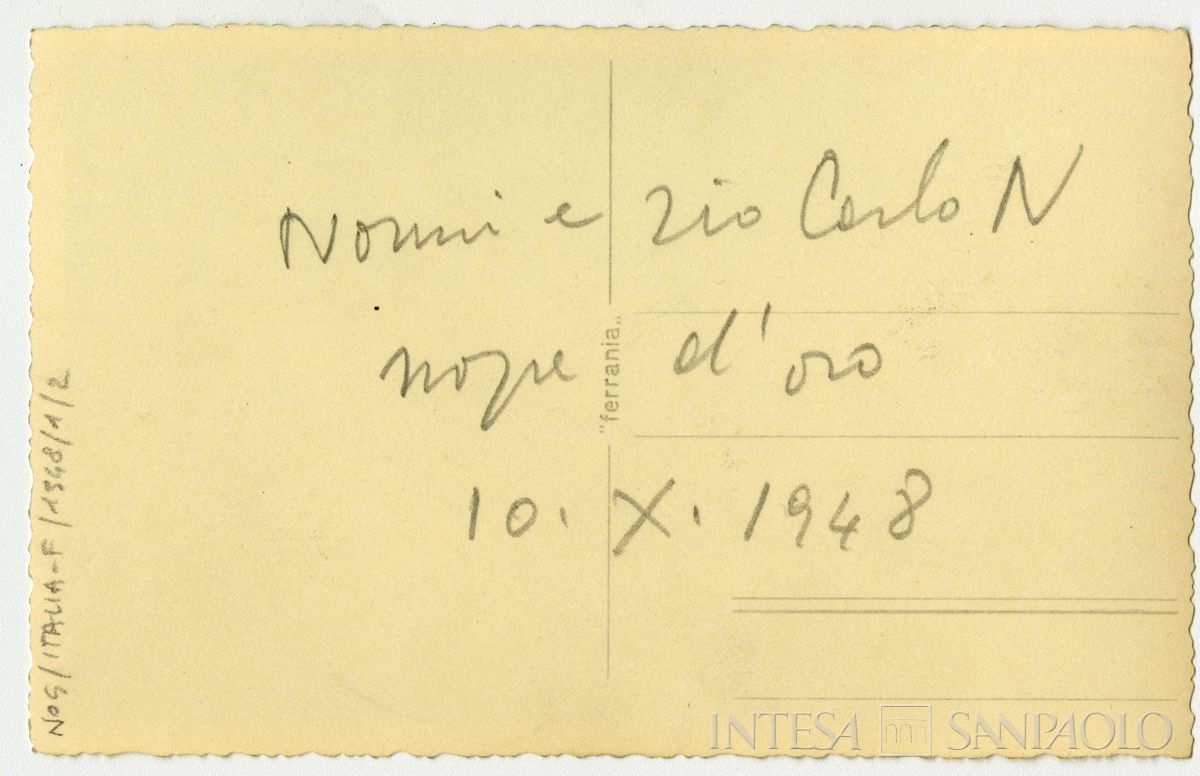 Nogara Bernardino e Ester a Bellano, per il 50° anniversario di matrimonio, 10 ottobre 1948 (fotografo sconosciuto), verso