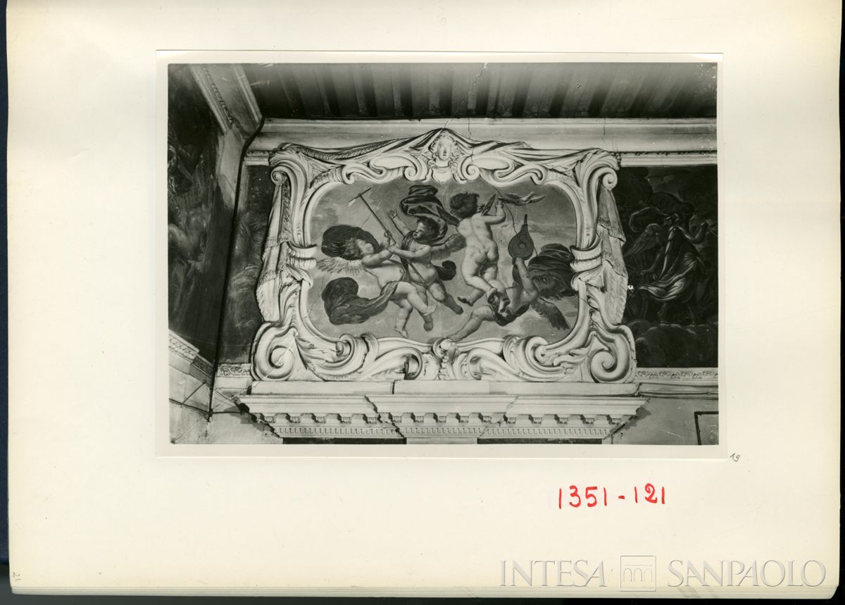 Palazzo Leoni Montanari, anticamera dei Quattro Elementi, affresco nel cartiglio del sovraporta raffigurante "L'Aria" di Luigi Dorigny, 1929 (Foto Tapparo & Trentin)