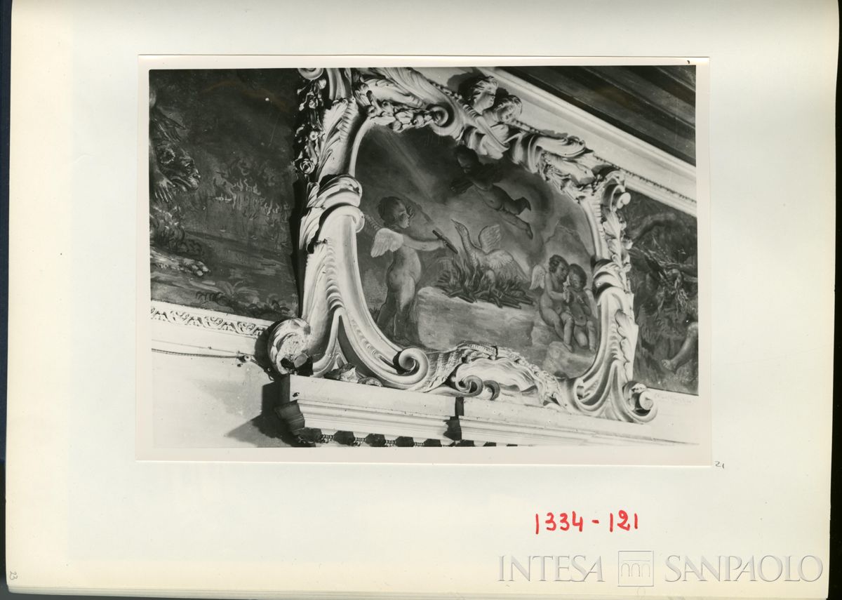 Palazzo Leoni Montanari, anticamera dei Quattro Elementi, affresco nel cartiglio del sovraporta raffigurante "Il Fuoco" di Luigi Dorigny, 1929 (Foto Tapparo & Trentin)