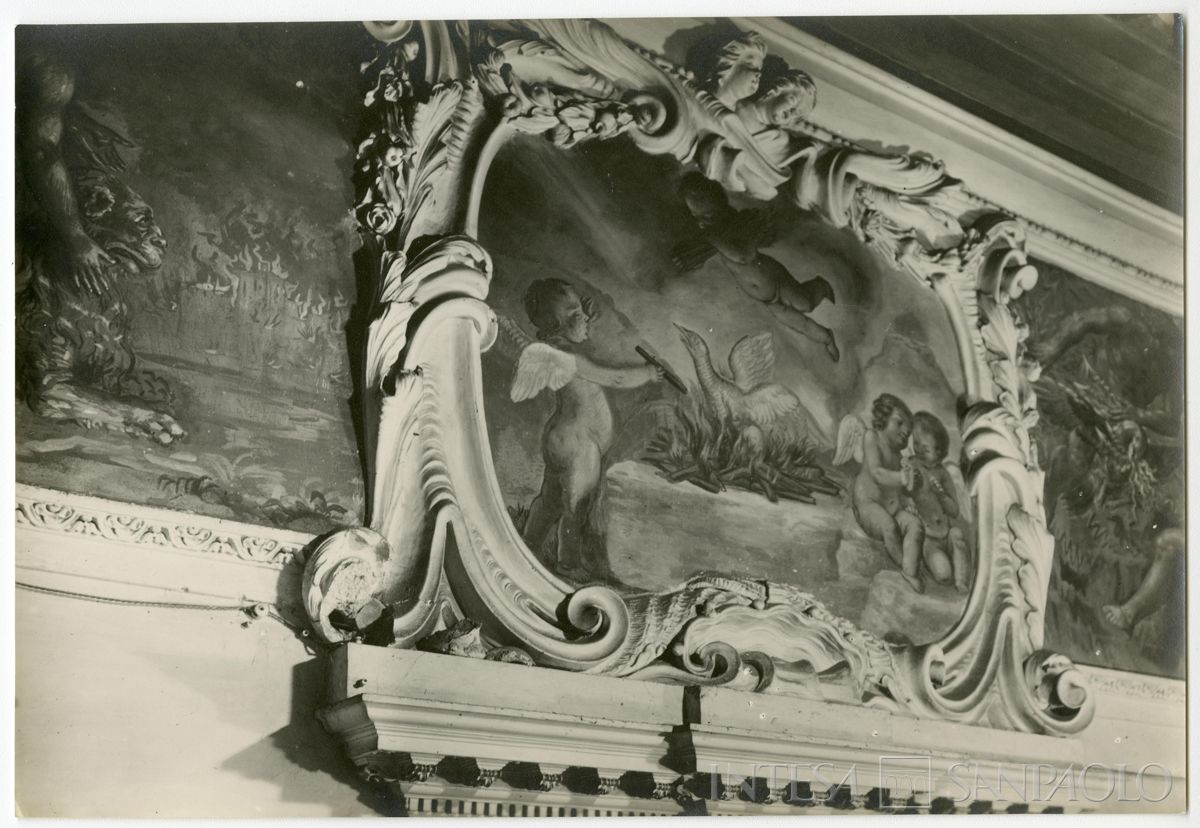 Palazzo Leoni Montanari, anticamera dei Quattro Elementi, affresco nel cartiglio del sovraporta raffigurante "Il Fuoco" di Luigi Dorigny, 1929 (Foto Tapparo & Trentin)