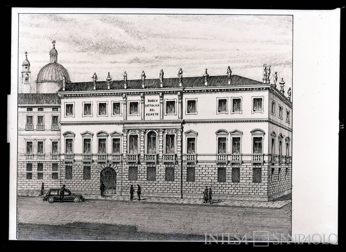 Palazzo Leoni Montanari, disegno al tratto dell'esterno del Palazzo, 9 ottobre 1956 (Foto Tapparo & Trentin)