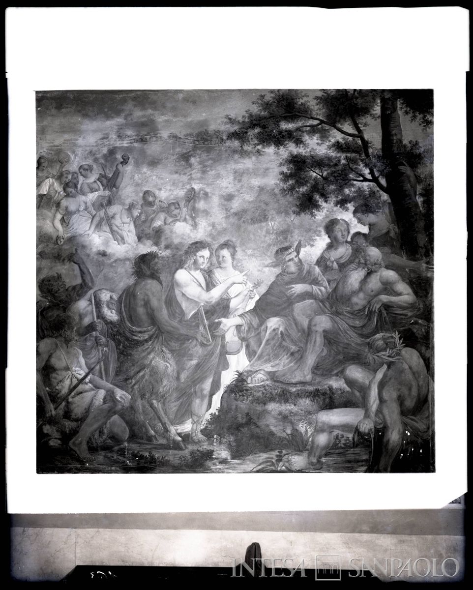 Palazzo Leoni Montanari, Salone d'Apollo, affresco "Apollo che fa crescere a Mida le orecchie d'asino" di Giuseppe Alberti, ante 1976 (Foto Tapparo & Trentin)