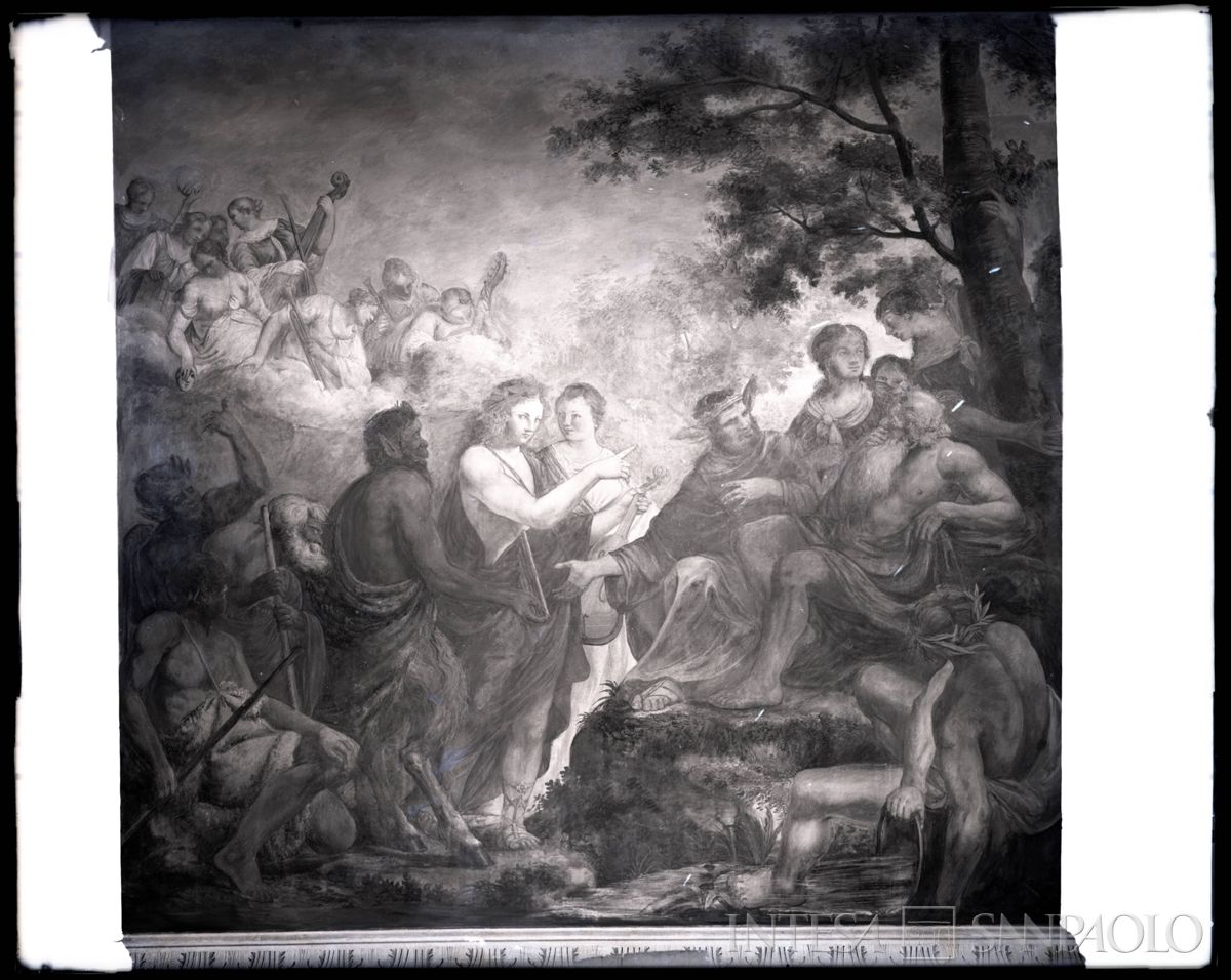 Palazzo Leoni Montanari, Salone d'Apollo, affresco "Apollo che fa crescere a Mida le orecchie d'asino" di Giuseppe Alberti, ante 1976 (Foto Tapparo & Trentin)