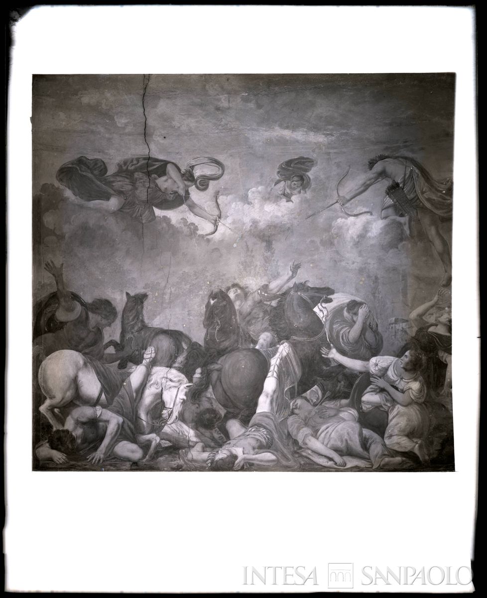 Palazzo Leoni Montanari, Salone d'Apollo, affresco "Apollo e Diana che saettano i figli di Niobe" di Giuseppe Alberti, ante 1976 (Foto Tapparo & Trentin)
