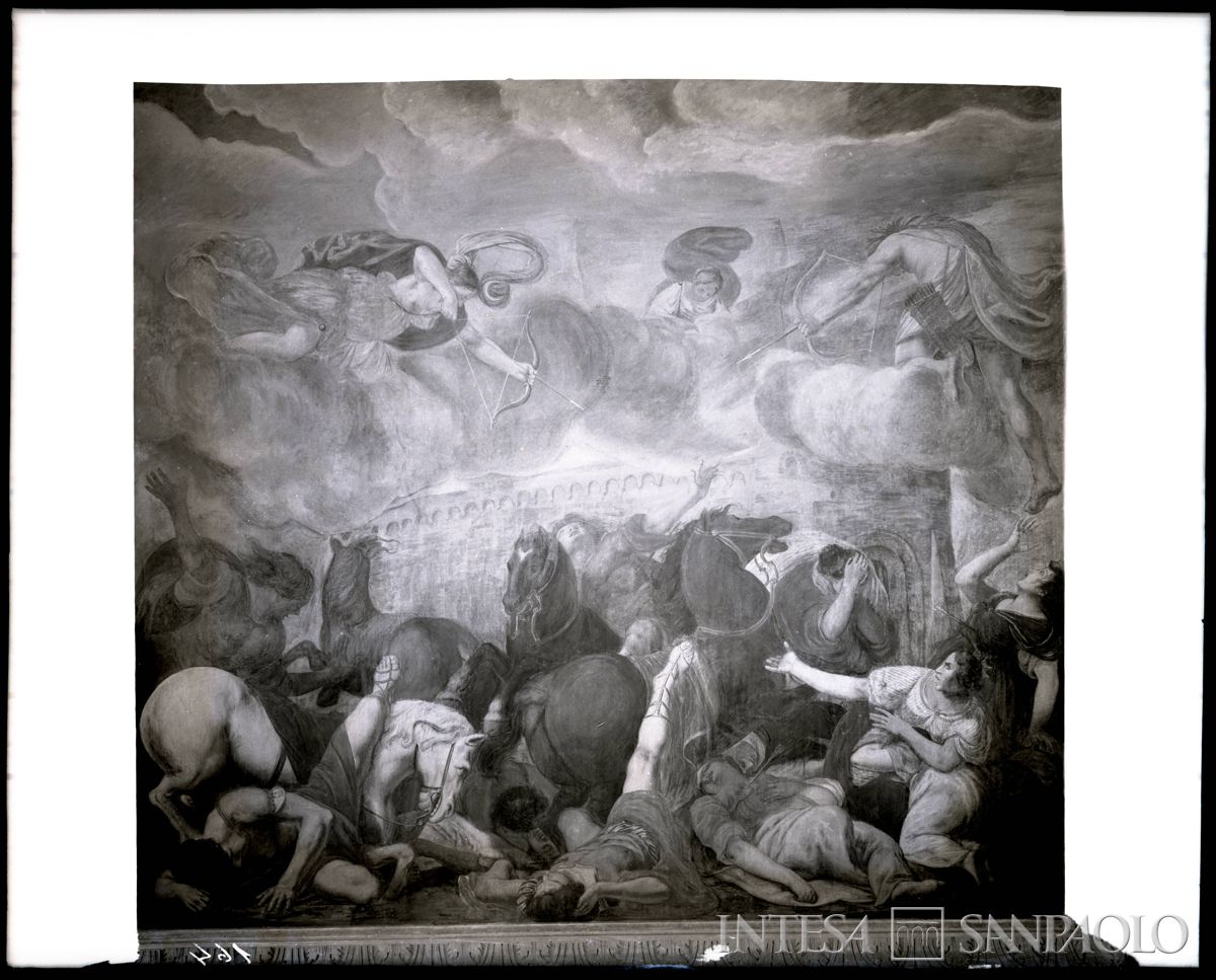 Palazzo Leoni Montanari, Salone d'Apollo, affresco "Apollo e Diana che saettano i figli di Niobe" di Giuseppe Alberti, tra il 1976 e il 1979 (Foto Tapparo & Trentin)