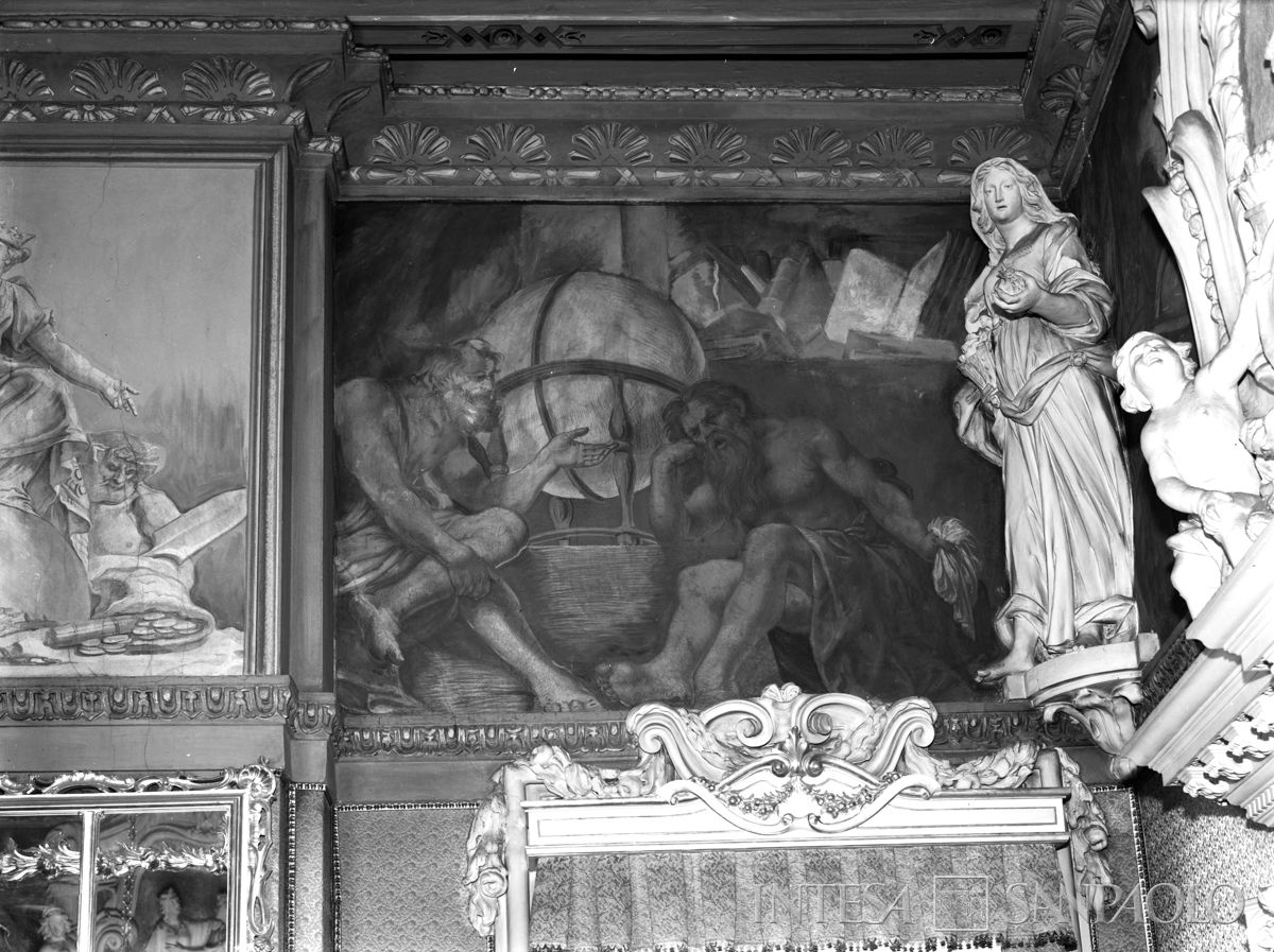 Palazzo Leoni Montanari, particolare della Sala dei Quattro Continenti, raffigurante due sapienti che esaminano la sfera armillare, con la statua della Concordia, 1953-1976 (Foto Tapparo & Trentin)