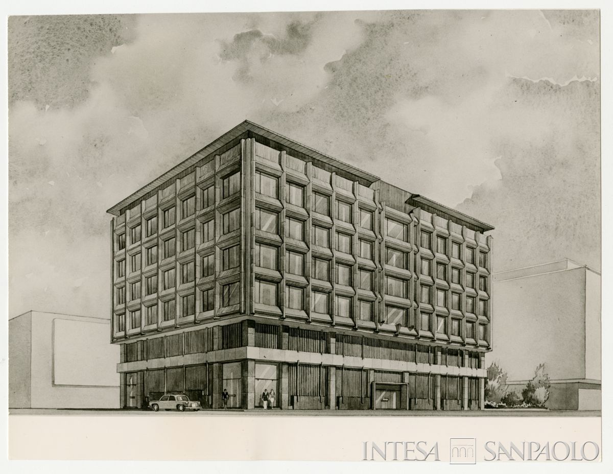 Cariplo, prospetto della Sede di Brescia, 1965 (Vincenzo Aragozzini)
