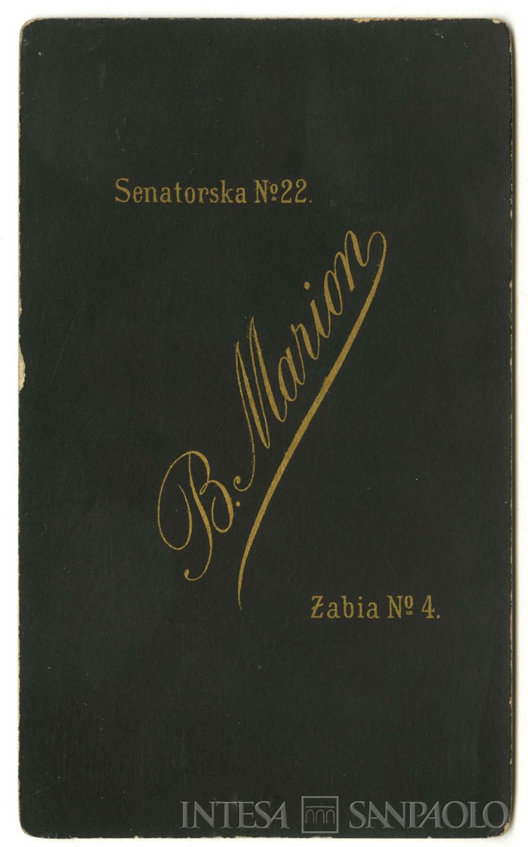 Toeplitz Lodovico ritratto in studio fotografico a mezzo busto, 1878 circa (B. Marion.), verso
