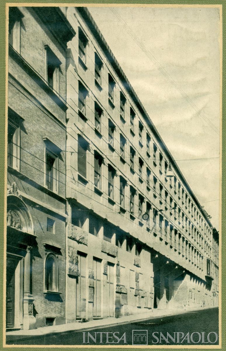 Dettaglio della fotografia sulla copertina della relazione di collaudo, raffigurante la nuova sede dell'IMI a Roma, in via IV Fontane, 1955-1956 (fotografo sconosciuto)