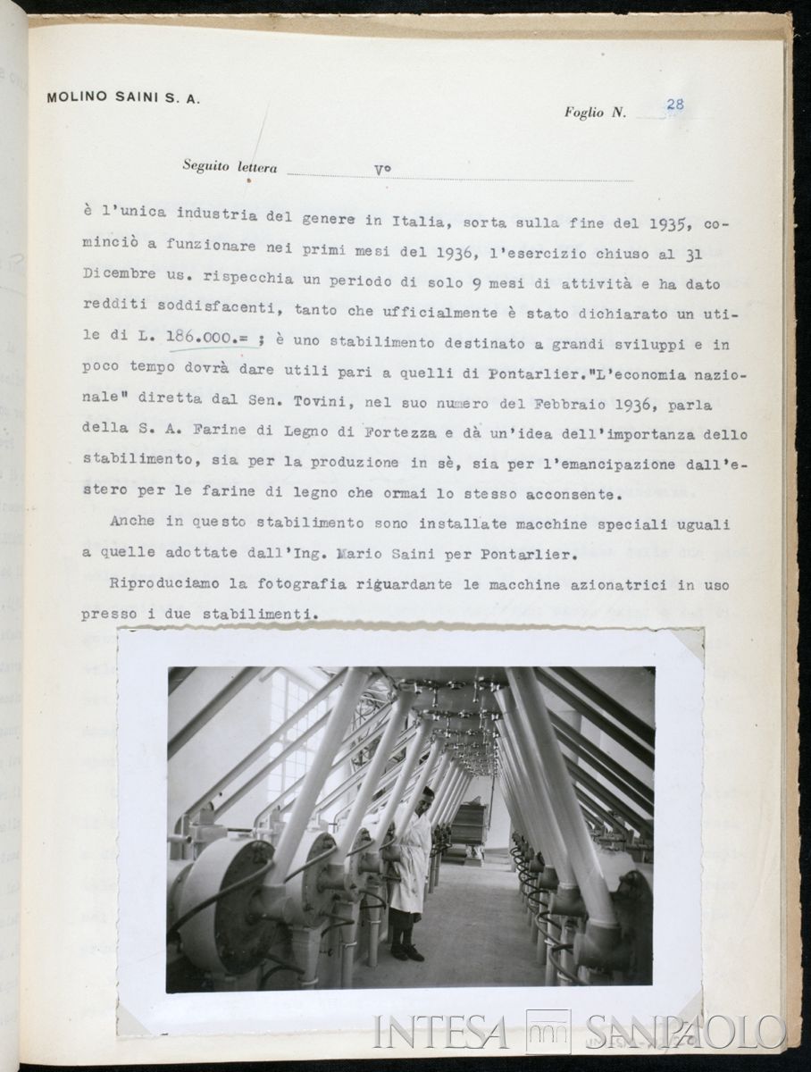 Società Anonima Molino Felice Saini, Cressa (Novara): pagina della relazione con fotografia in cui viene descritto lo stabilimento della S. A. Farine di Legno Sams, 1937