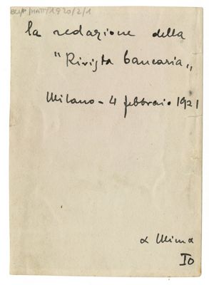 Raffaele Mattioli seduto alla scrivania della redazione della "Rivista Bancaria", 1920 (fotografo sconosciuto) (verso)